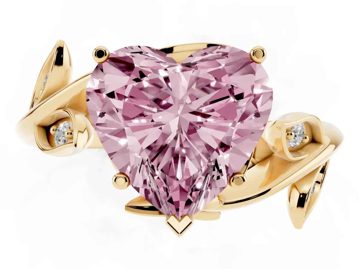 Fancy Pink Heart Cut Solitaire Twist Engagement Ring with Leaf Accents and Prong Setting Yellow gold