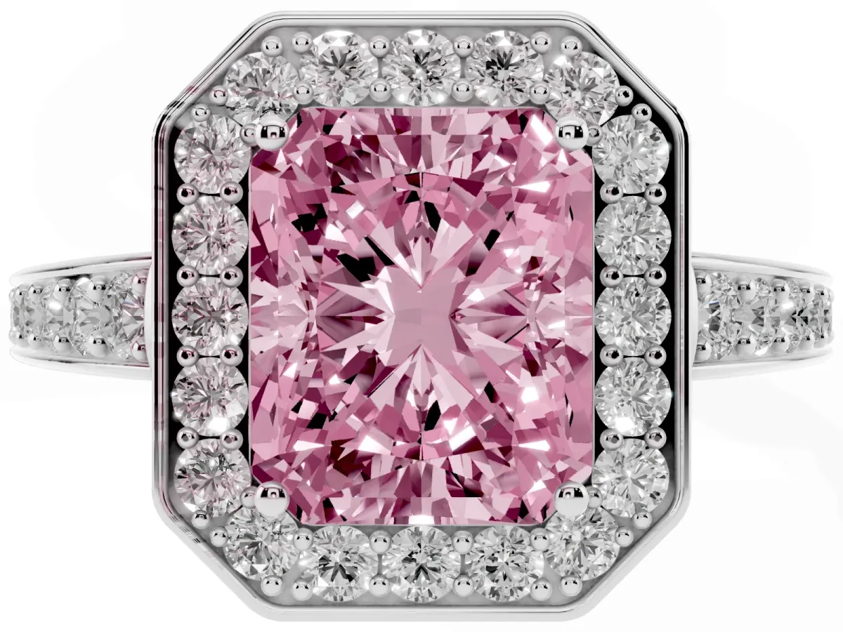 Fancy Pink Radiant Cut Halo Pavé Diamond Engagement Ring with Bezel Setting Silver