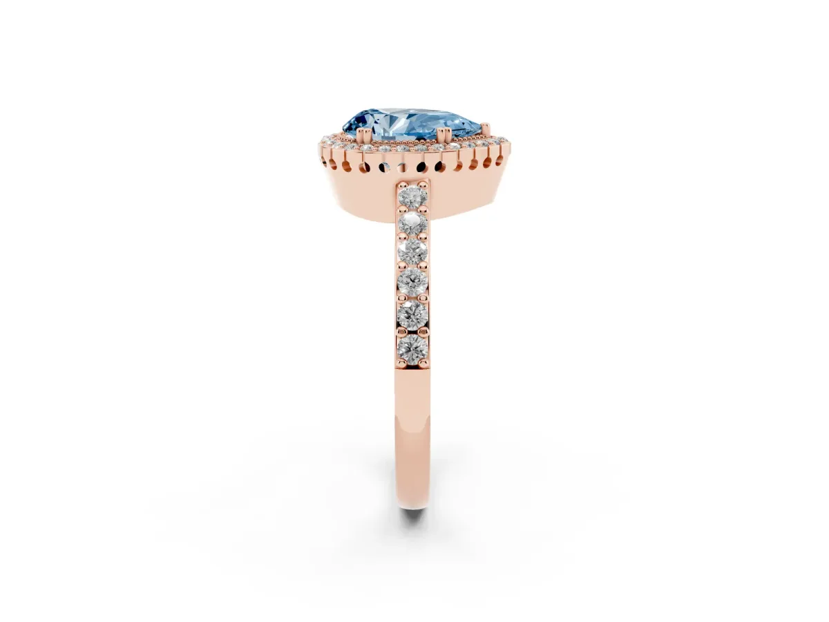 Fancy Blue Pear Cut Cut Diamond Halo Engagement Ring with Milgrain Detail and Pavé Band Rose gold