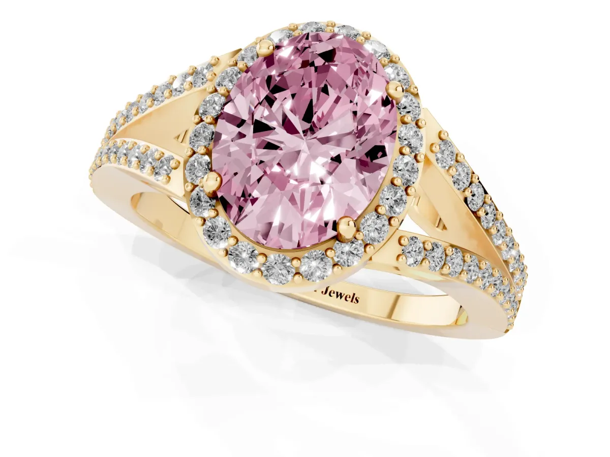 Fancy Pink Oval Cut Halo Split Shank Pave Diamond Ring with Four-Prong Setting Yellow gold