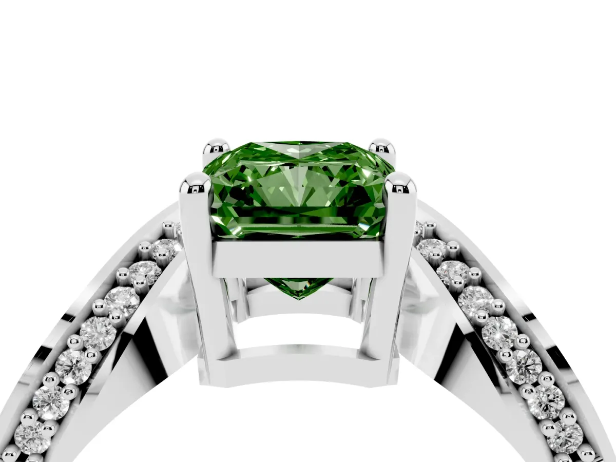 Fancy Green Radiant Cut Solitaire Diamond Engagement Ring with Pave Band and Four-Prong Setting Platinum