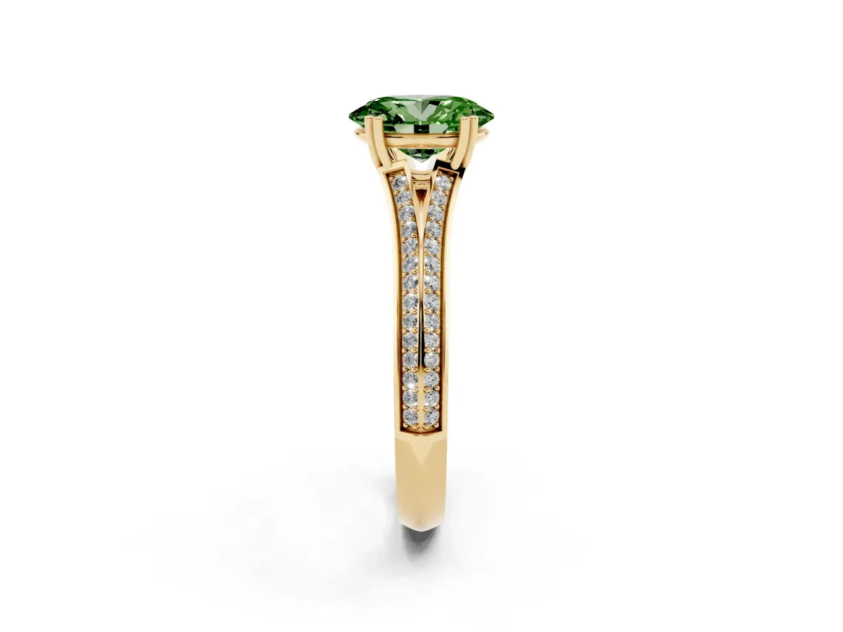Fancy Green Oval Cut Diamond Split Shank Engagement Ring with Pavé Band Yellow gold