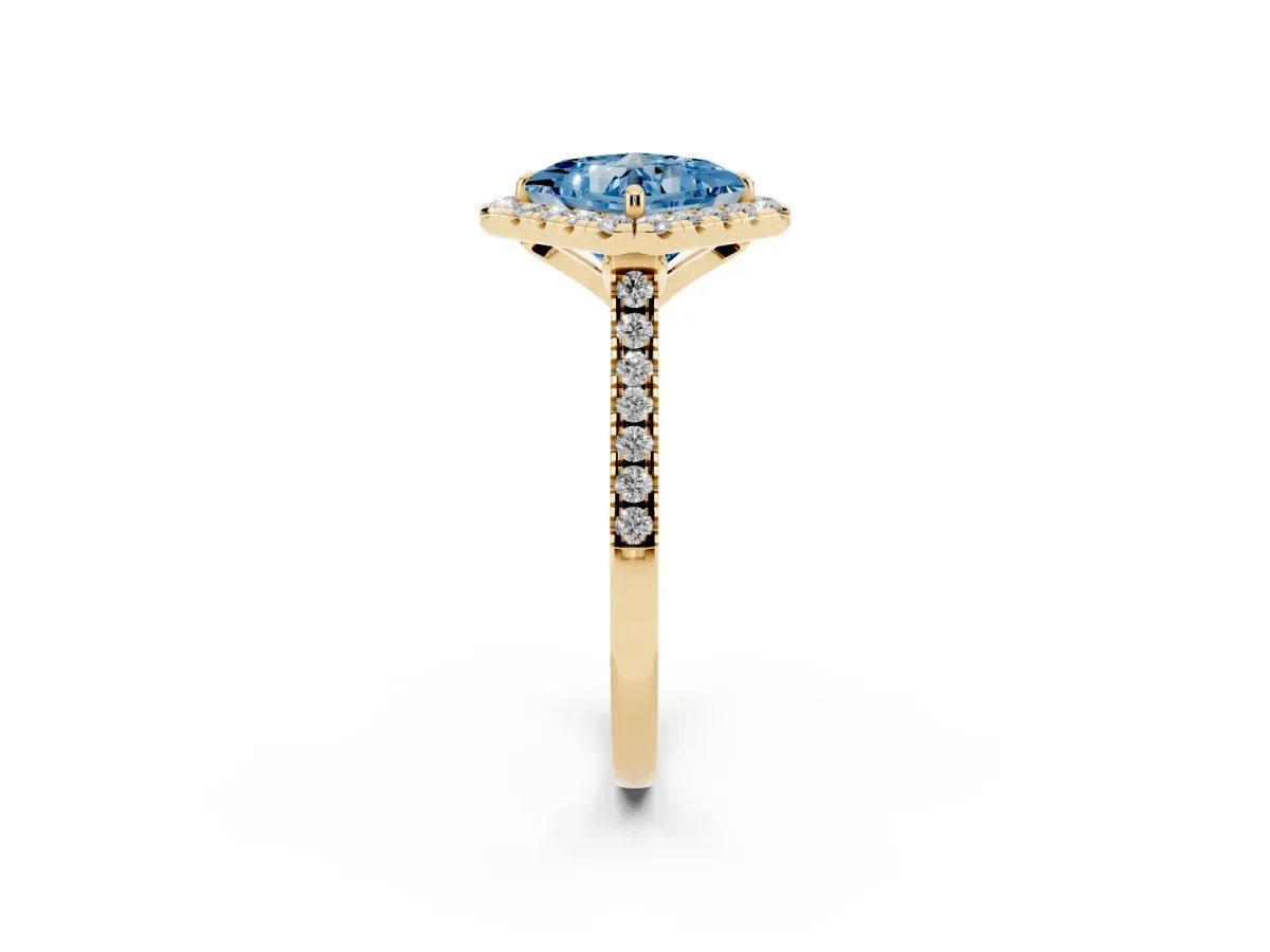Fancy Blue Princess Cut Diamond Cushion Halo Ring with Pavé Band Yellow gold