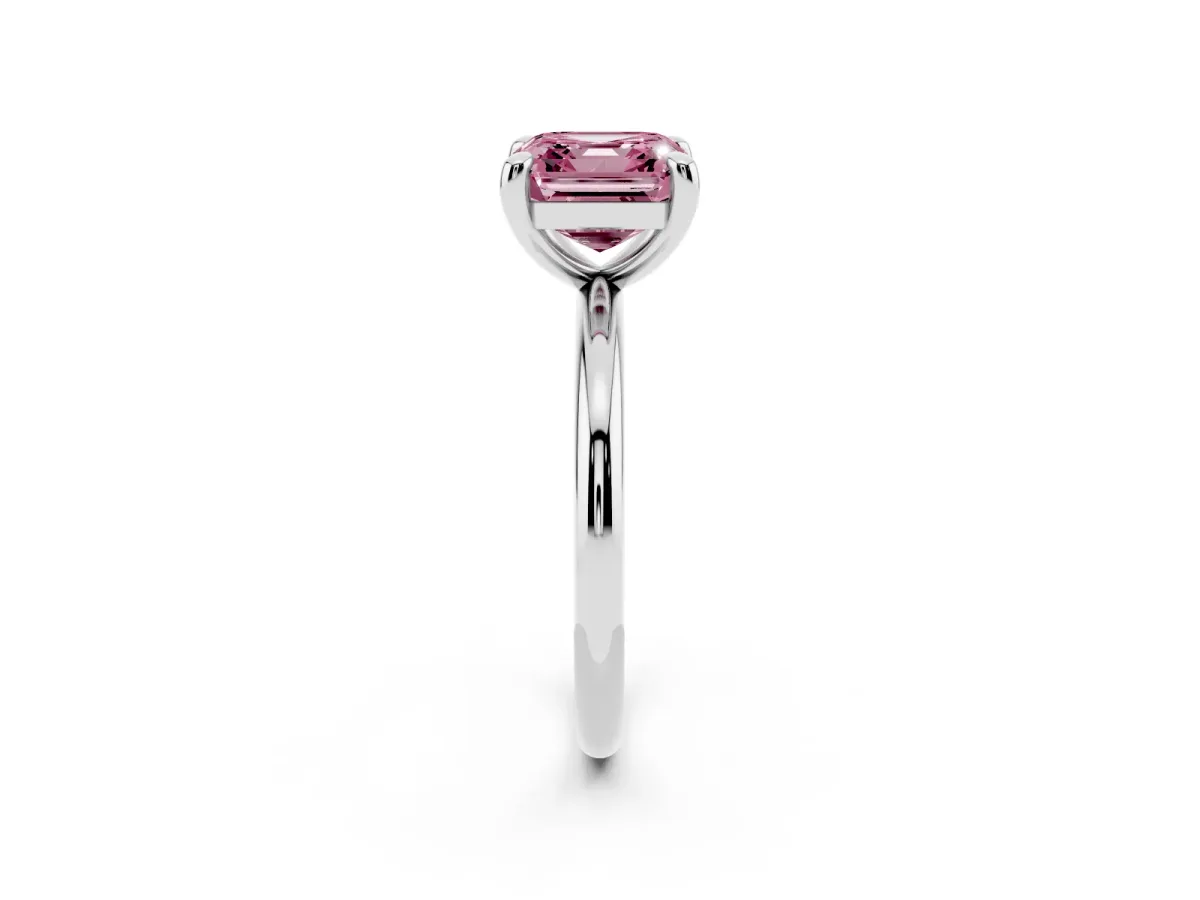 Fancy Pink Asscher Cut Solitaire Diamond Ring with Four-Prong Setting on a Plain Band Silver