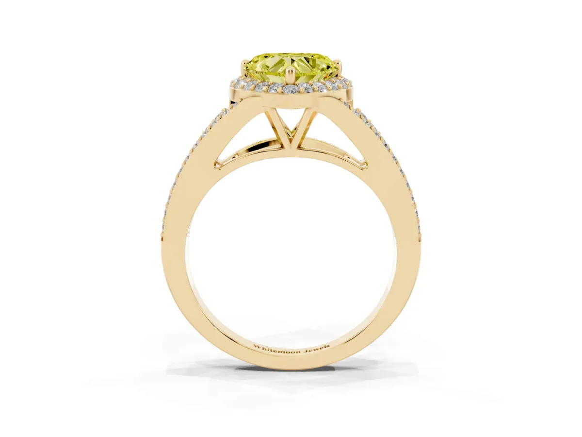 Fancy Yellow Heart Cut Halo Split Shank Pave Diamond Ring with Four-Prong Setting Yellow gold