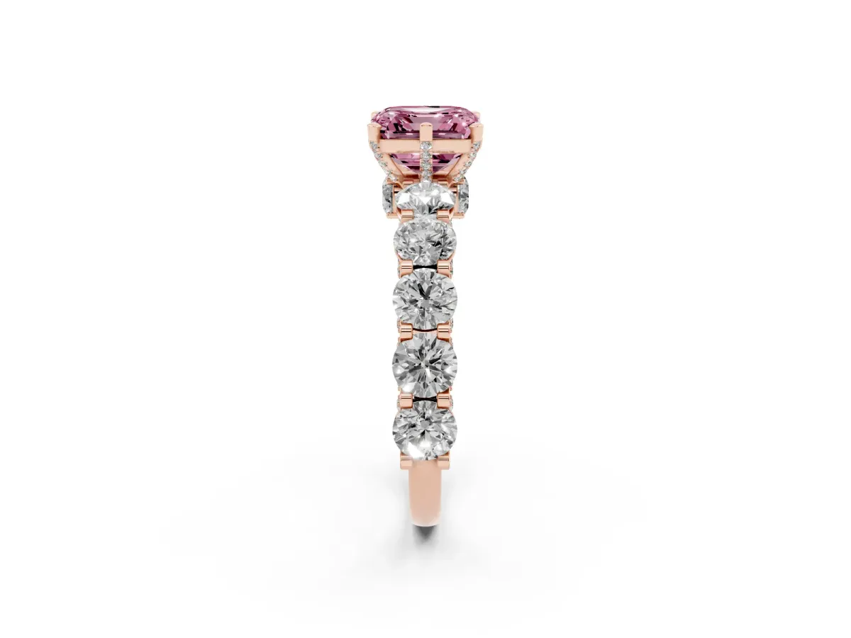 Fancy Pink Asscher Cut Diamond Side Stone Engagement Ring with Four-Prong Setting Rose gold