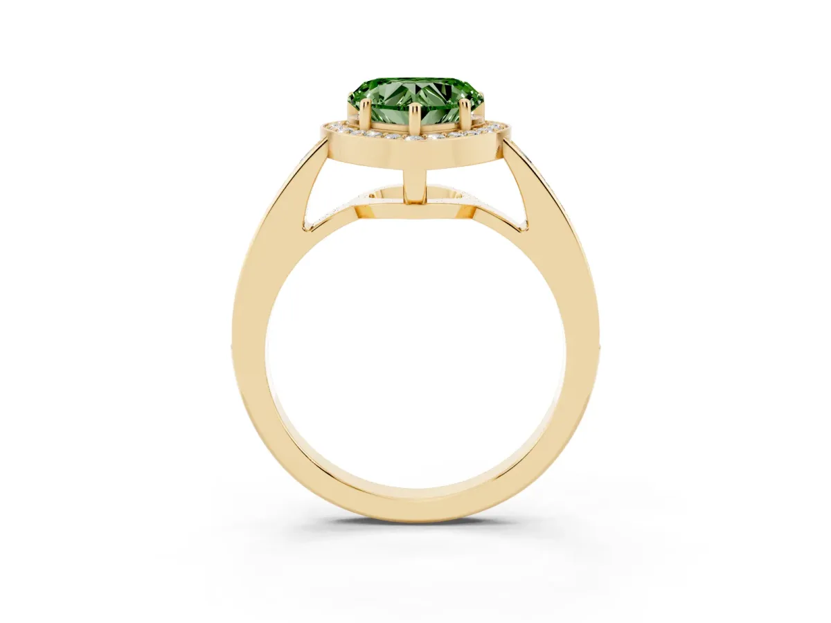 Fancy Green Heart Cut Halo Pavé Diamond Engagement Ring with Bezel Setting Yellow gold