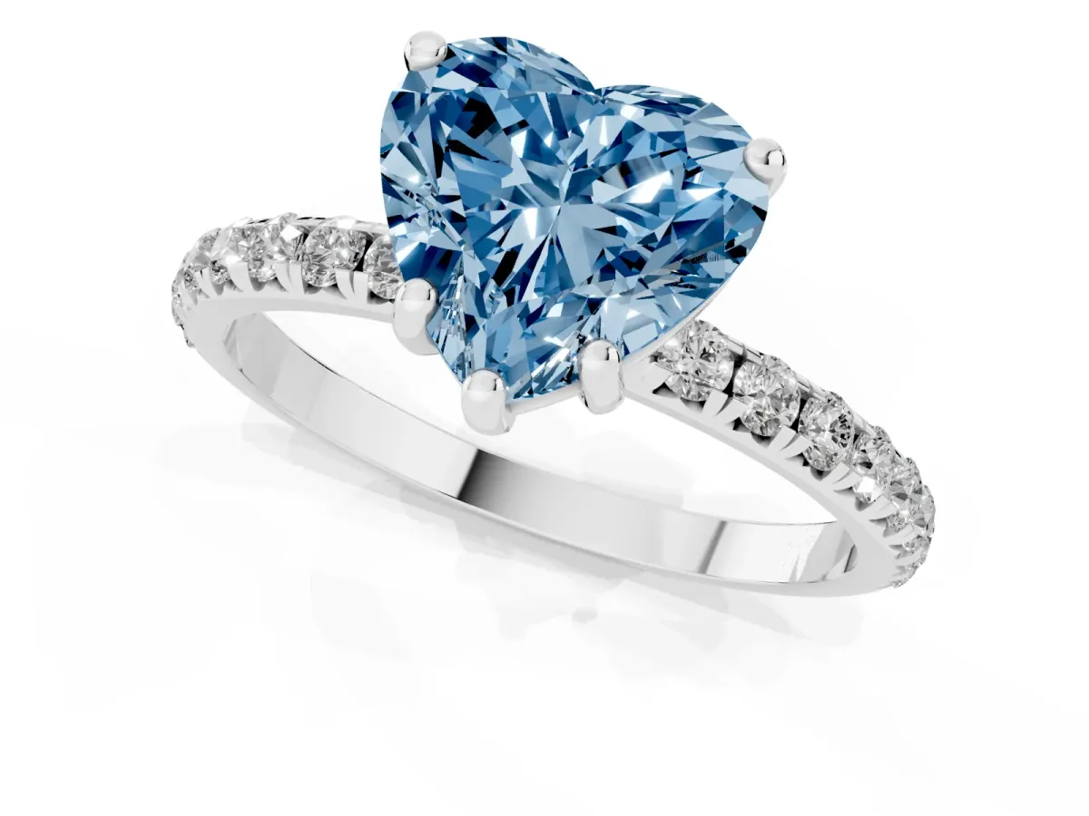 Fancy Blue Heart Cut Cut Diamond Solitaire Ring with Micro Pave Band and Four Prong Setting Silver