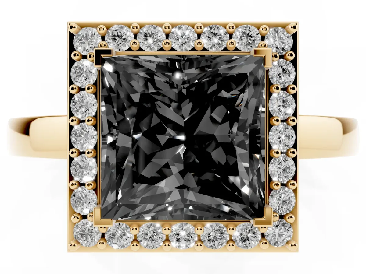 Fancy Black Princess Cut Halo Diamond Ring with Solitaire Band and Prong Setting Yellow gold