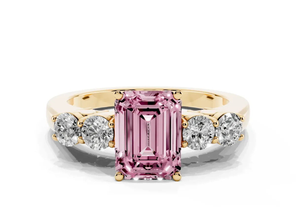 Fancy Pink Emerald Cut Cut Diamond Five-Stone Prong Set White Gold Ring Yellow gold