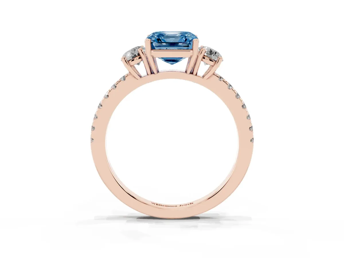 Fancy Blue Three-Stone Asscher Cut Cut Diamond Pavé Band with Prong Setting Rose gold
