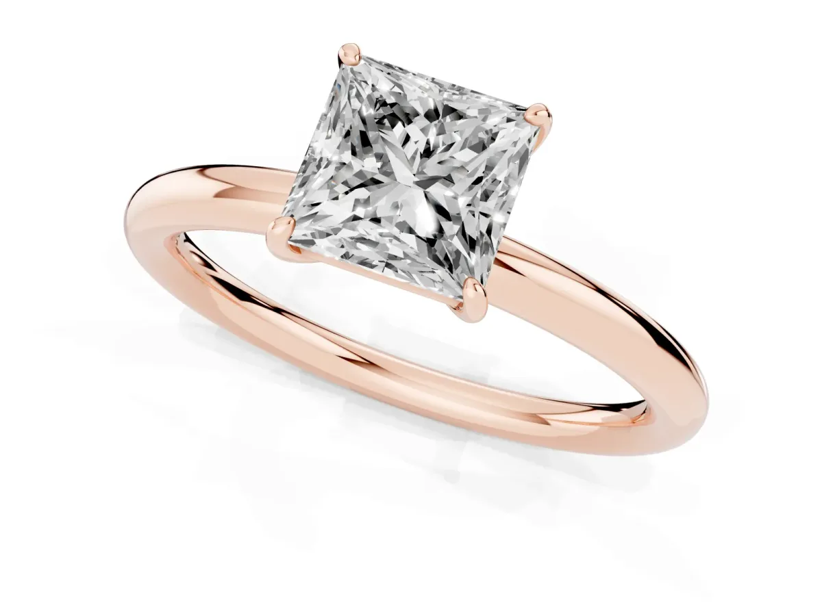 Princess Cut Solitaire Diamond Ring with Four-Prong Setting on a Plain Band Rose gold