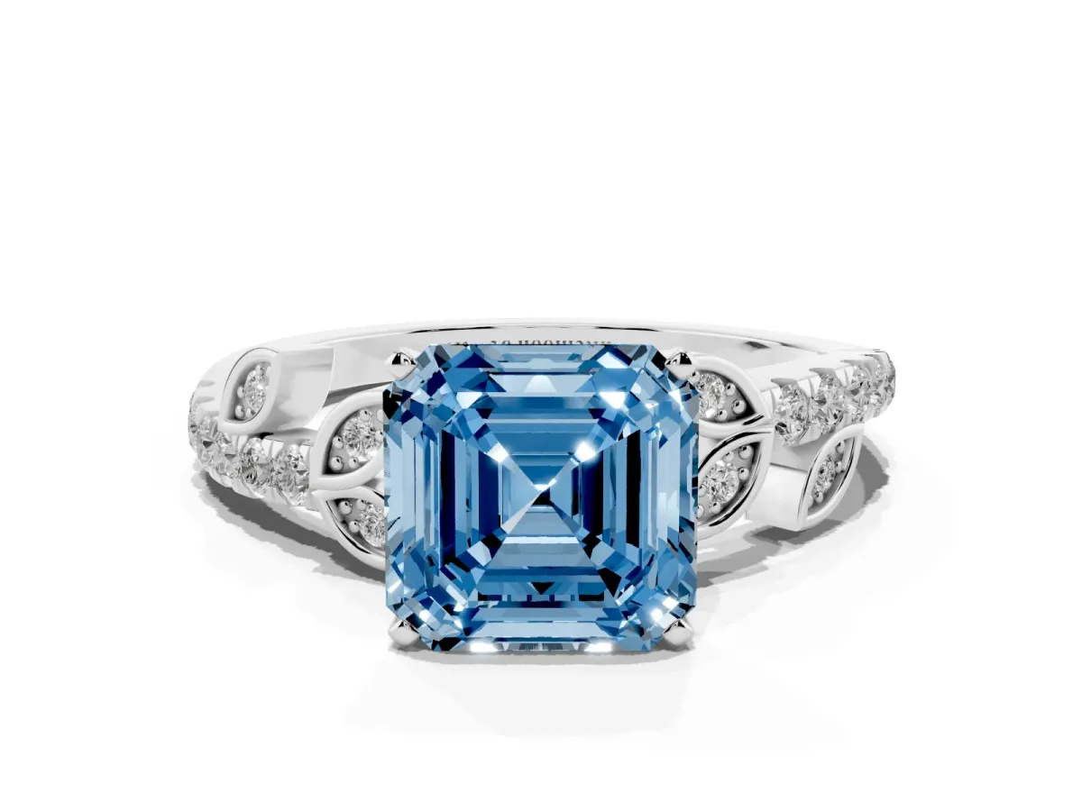 Fancy Blue Asscher Cut Solitaire Leaf-Inspired Diamond Ring with Pavé Band and Four-Prong Setting Silver