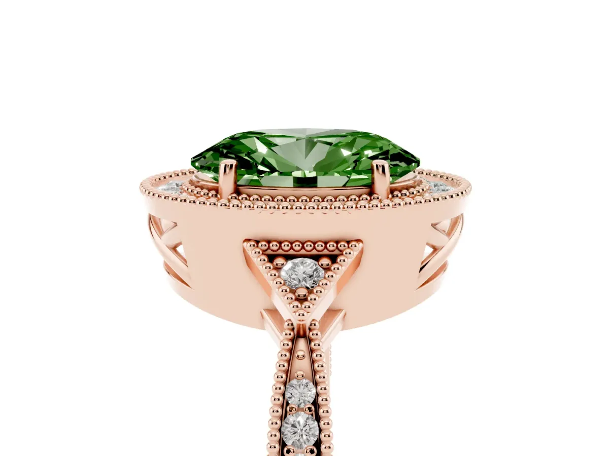 Fancy Green Oval Cut Halo Round Diamond Milgrain Pave Engagement Ring Rose gold