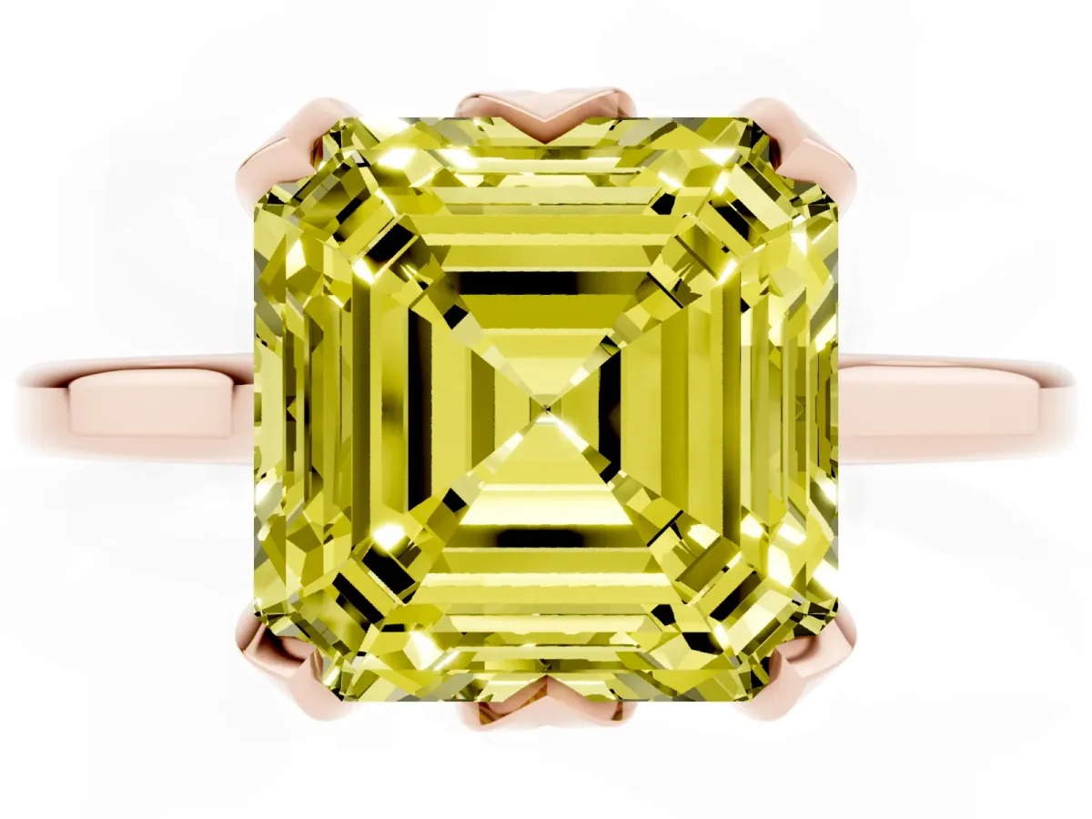 Fancy Yellow Asscher Cut Diamond Solitaire Ring with Flower Prong Setting and Classic Band Rose gold