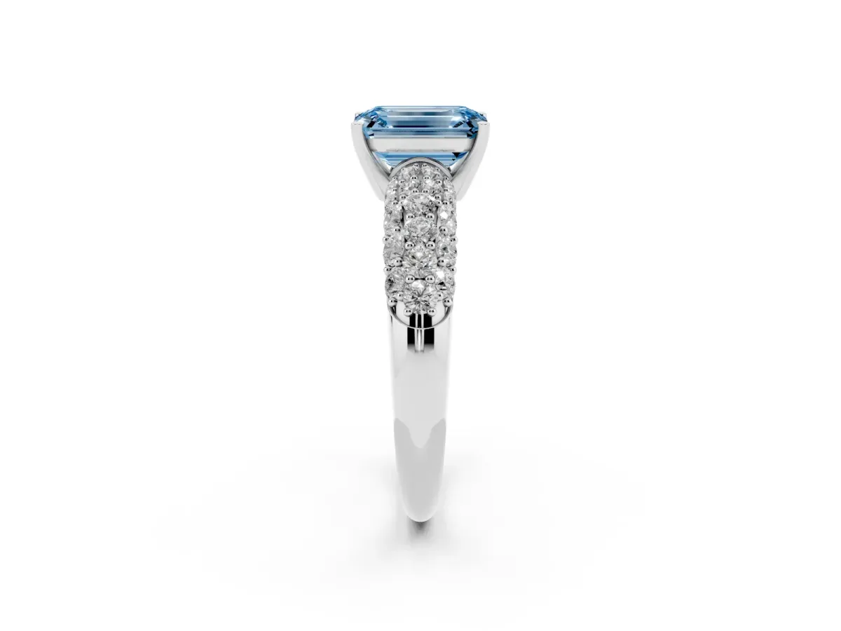 Fancy Blue Emerald Cut Diamond Pavé Band Solitaire Ring with Four-Prong Setting Silver