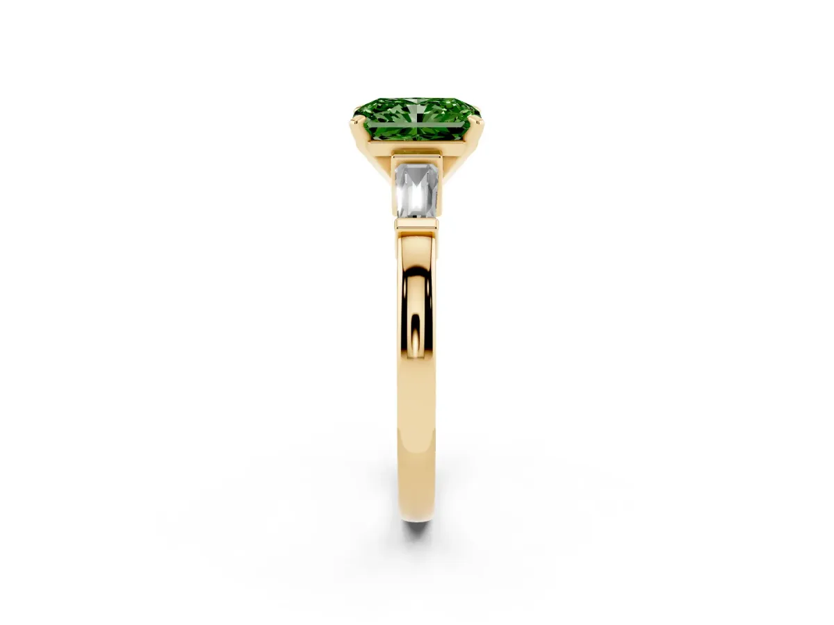 Fancy Green Radiant Cut Cut Diamond Solitaire Ring with Tapered Baguette Accents and Four-Prong Setting Yellow gold