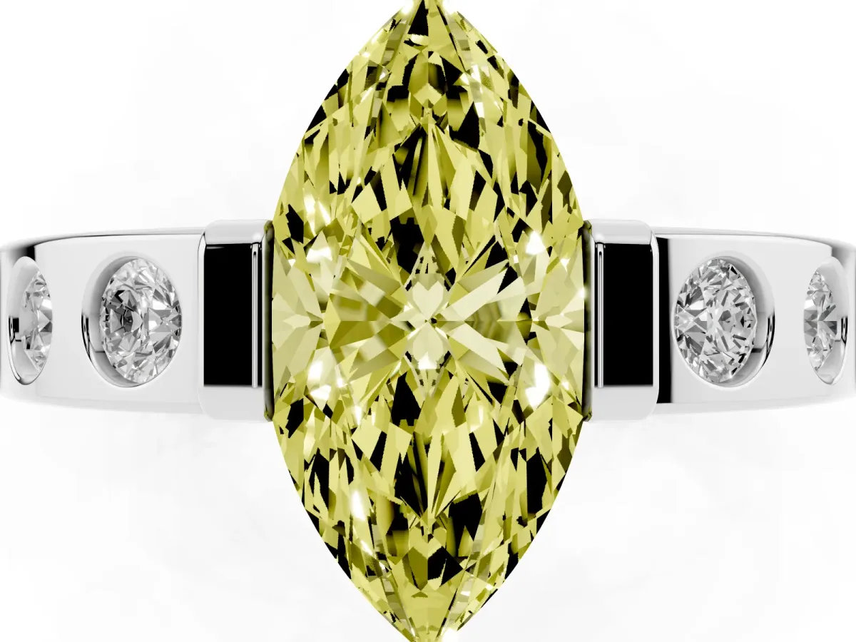 Fancy Yellow Marquise Cut Brilliant Channel-Set Diamond Ring with Bezel Prong Setting Silver