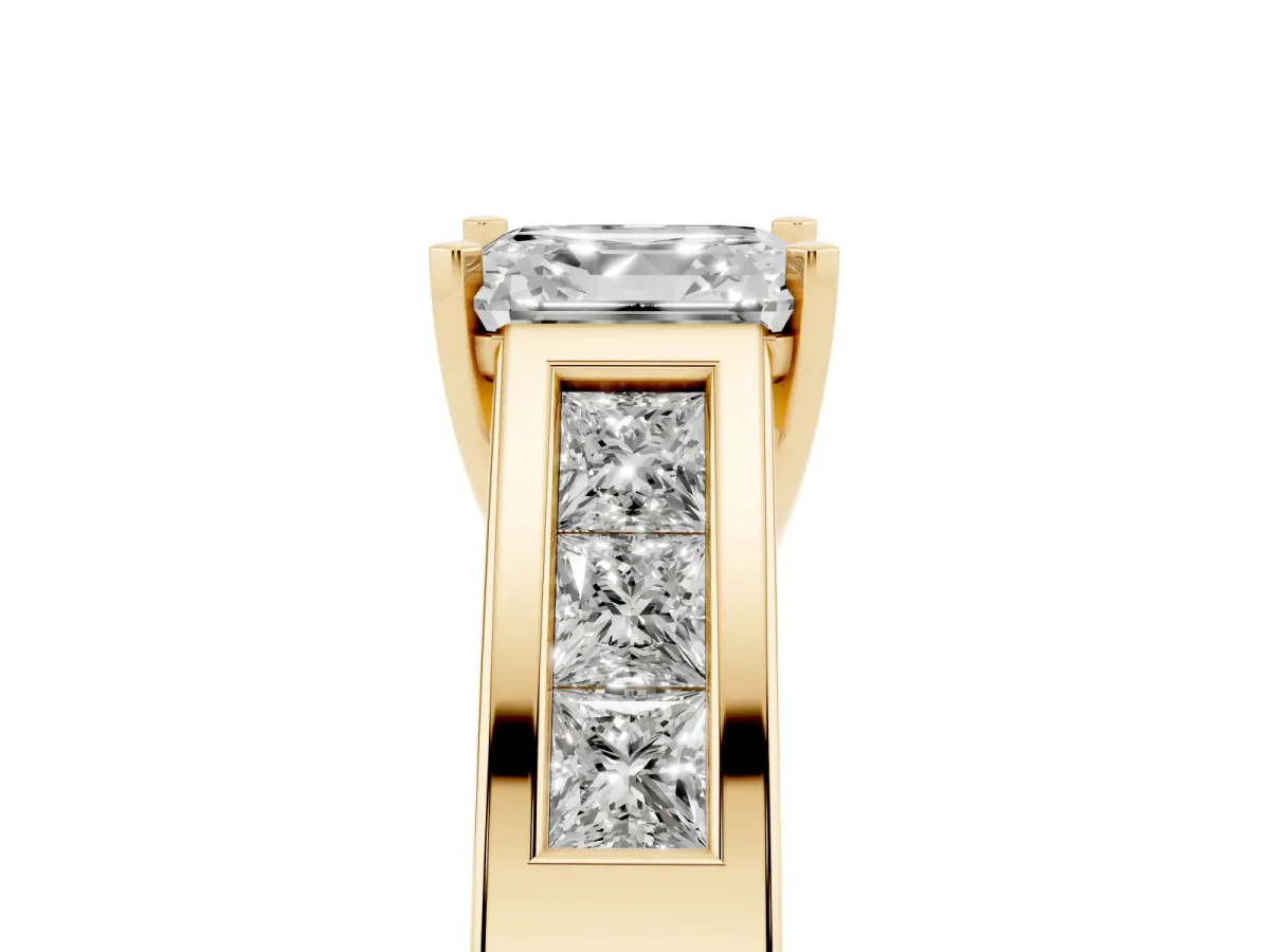 Asscher Cut Cut Channel Set Solitaire Ring with Four-Prong Setting Yellow gold