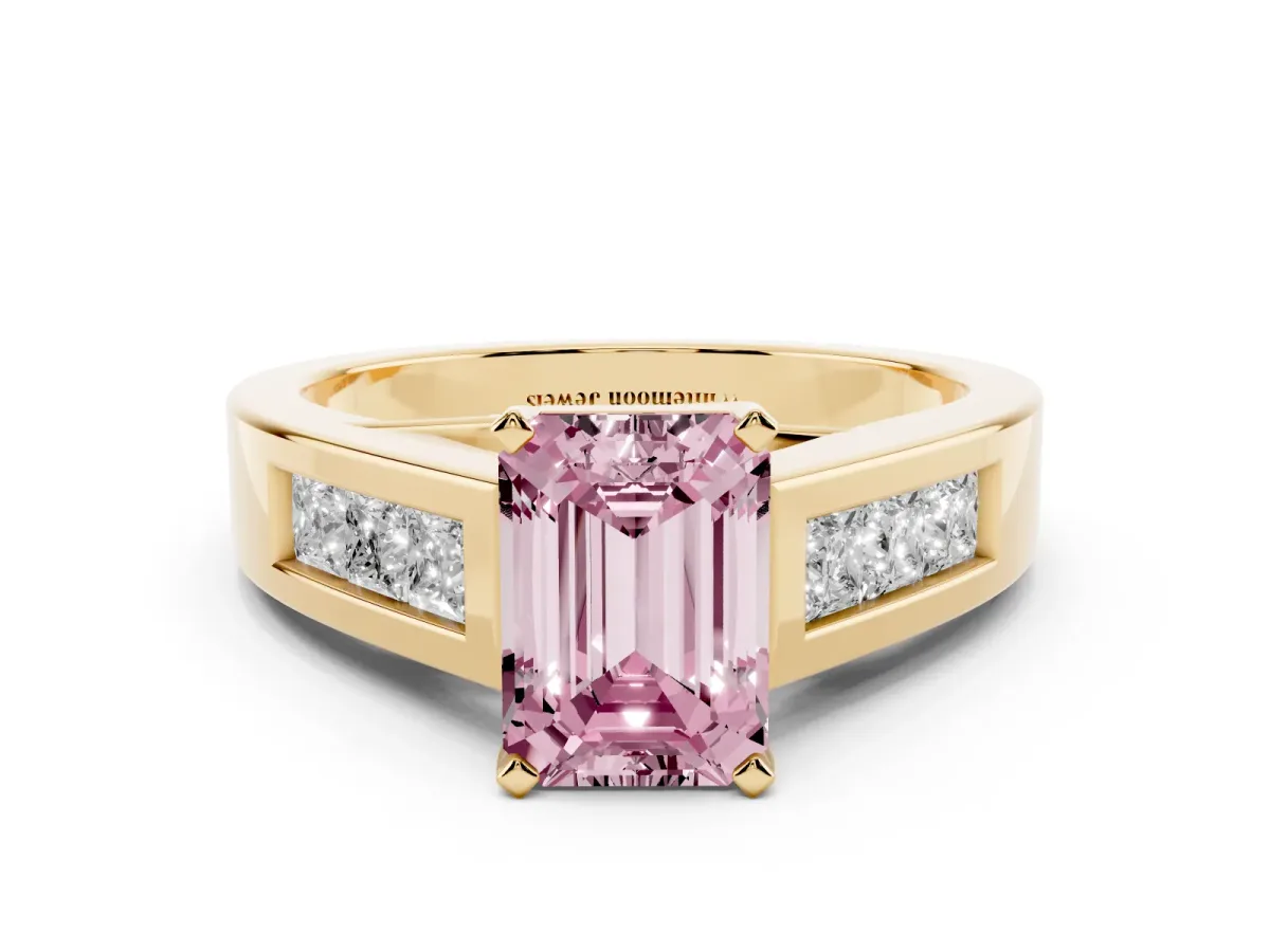 Fancy Pink Emerald Cut Cut Channel Set Solitaire Ring with Four-Prong Setting Yellow gold