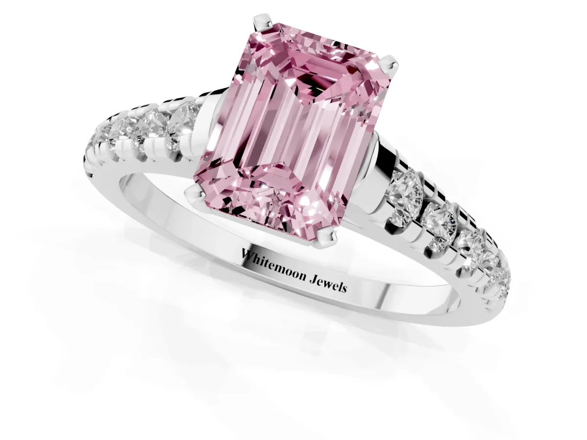 Fancy Pink Emerald Cut Diamond Cathedral Solitaire Ring with Round Pavé Band Silver