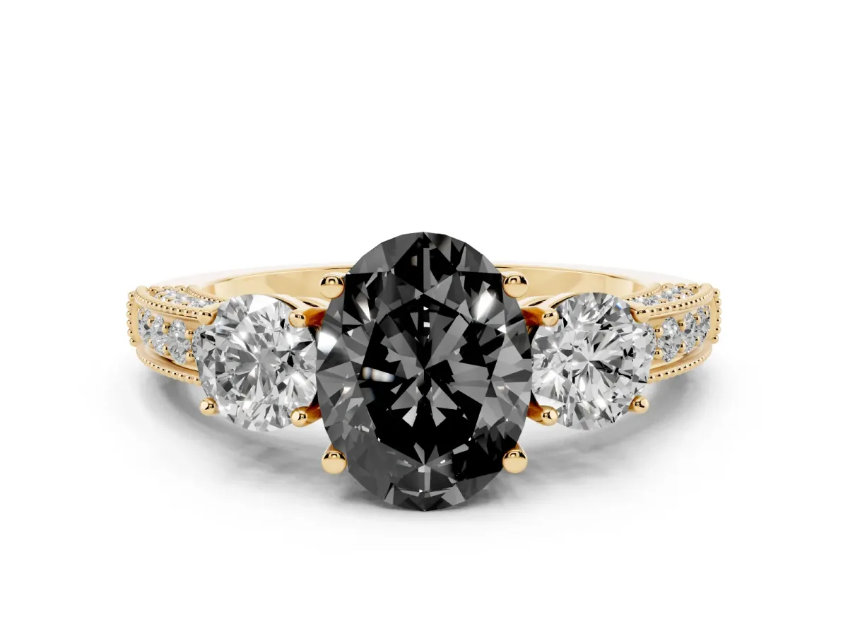 Fancy Black Oval Cut Three-Stone Diamond Ring with Pavé Band and Four-Prong Setting Yellow gold