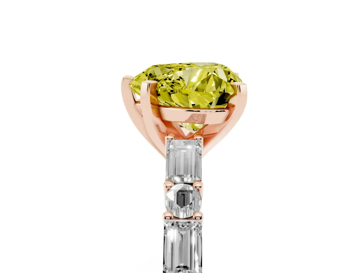Fancy Yellow Heart Cut Diamond Solitaire with Side Baguettes and Channel Set Band Rose gold