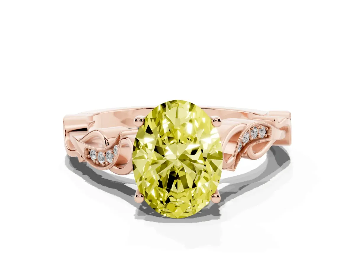 Fancy Yellow Oval Cut Solitaire Vine Band with Milgrain Prong Setting Rose gold
