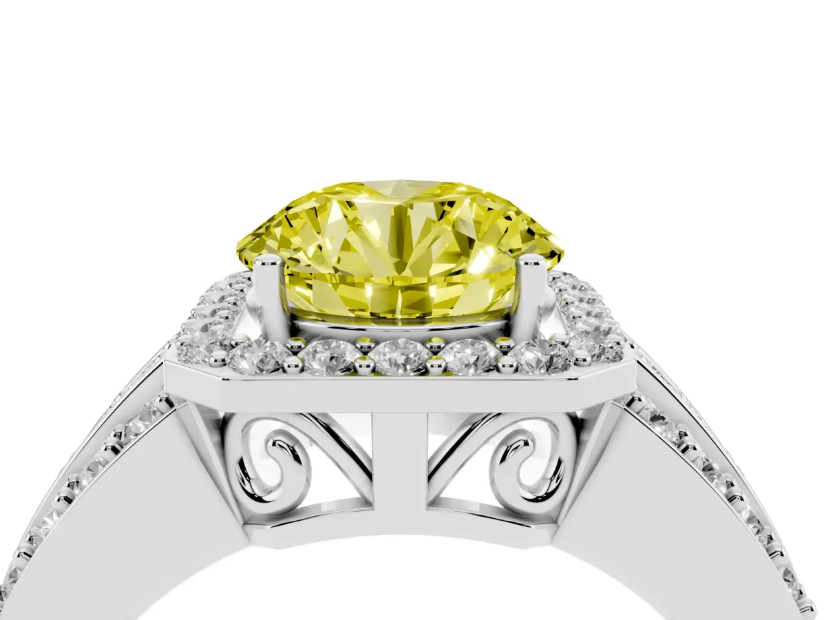Fancy Yellow Round Cut Halo Diamond Ring with Round Split Shank and Prong Setting Platinum
