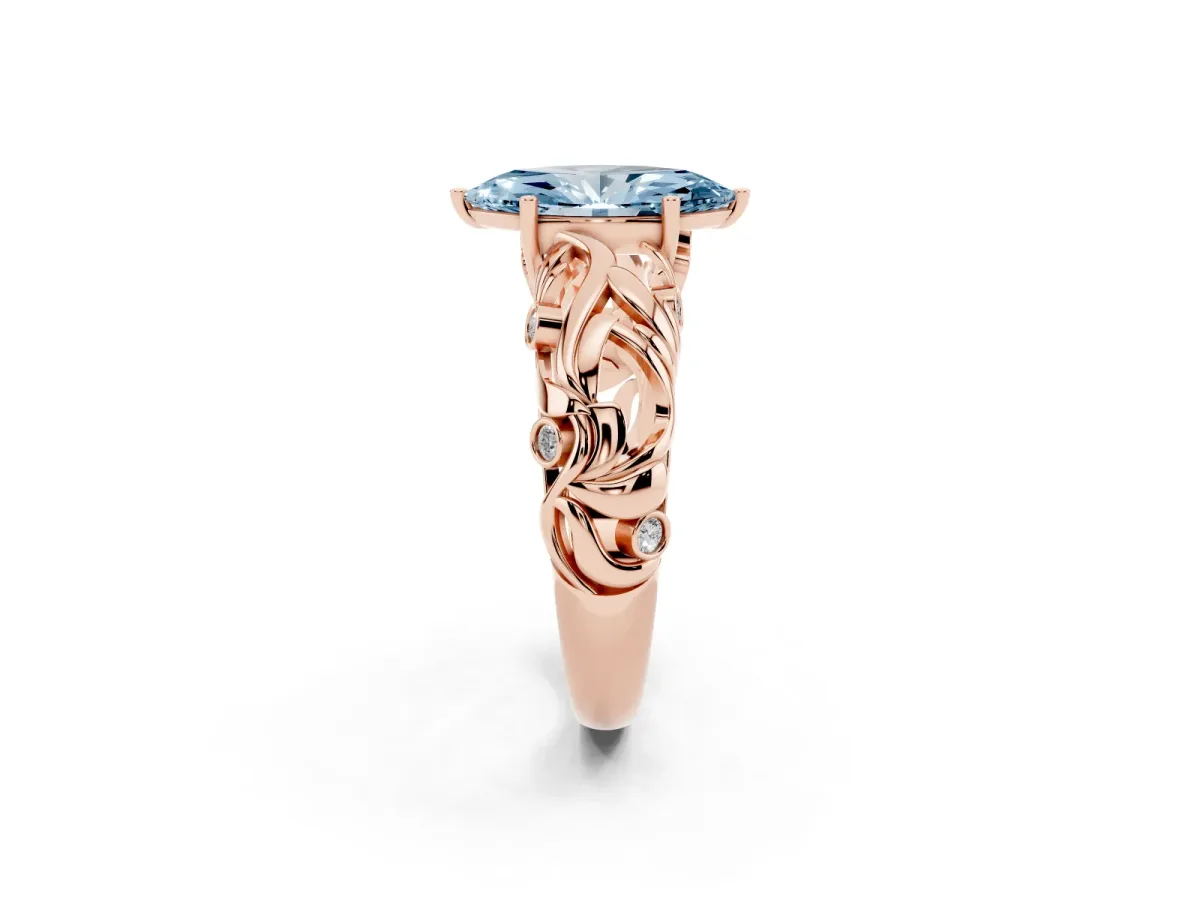 Fancy Blue Marquise Cut Solitaire Diamond Leaf-Inspired Vine Band Ring with Prong Setting Rose gold