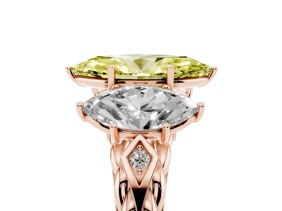 Fancy Yellow Three-Stone Marquise Cut Diamond Braided Band Ring with Four-Prong Setting Rose gold