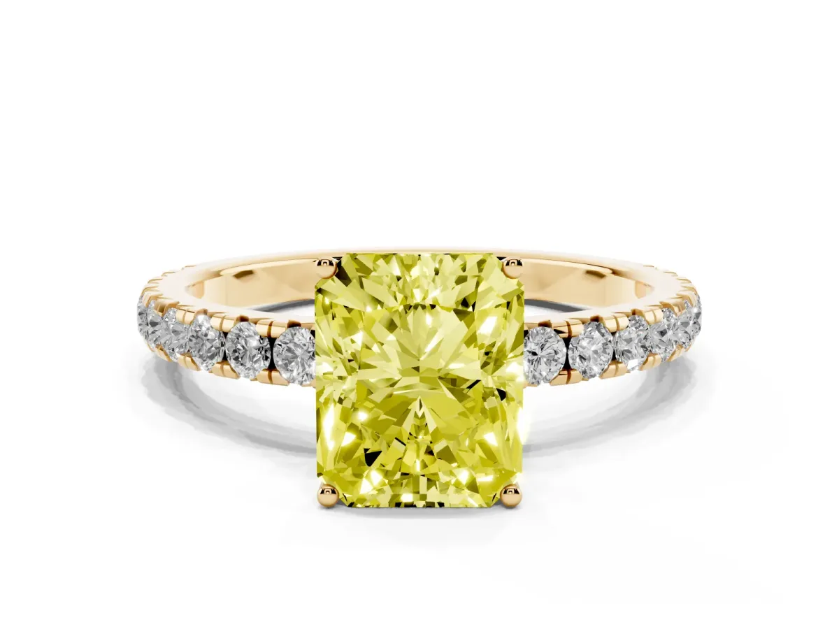 Fancy Yellow Radiant Cut Diamond Pavé Solitaire Engagement Ring with Four-Prong Setting Yellow gold