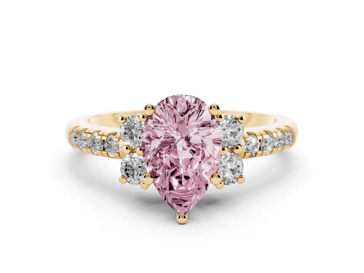 Fancy Pink Pear Cut Diamond Three-Stone Pave Band with Four-Prong Setting Yellow gold