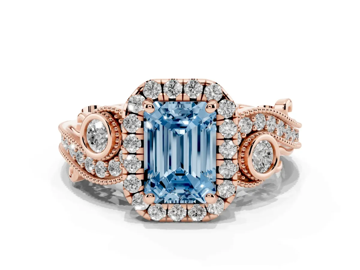 Fancy Blue Emerald Cut Diamond Halo Ring with Milgrain Pavé Band and Four-Prong Setting Rose gold