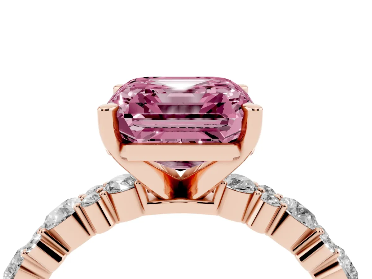 Fancy Pink Asscher Cut Diamond Side Stone Solitaire Ring with Round and Four-Prong Setting Rose gold
