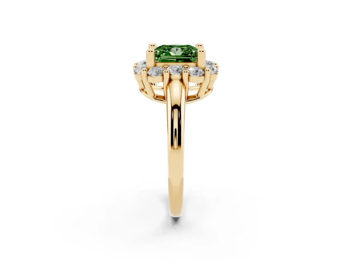 Fancy Green Princess Cut Halo Cluster Diamond Engagement Ring with Prong Setting and Polished Band Yellow gold