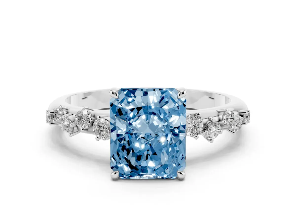 Fancy Blue Radiant Cut Diamond Cluster Prong-Set Solitaire Ring Platinum