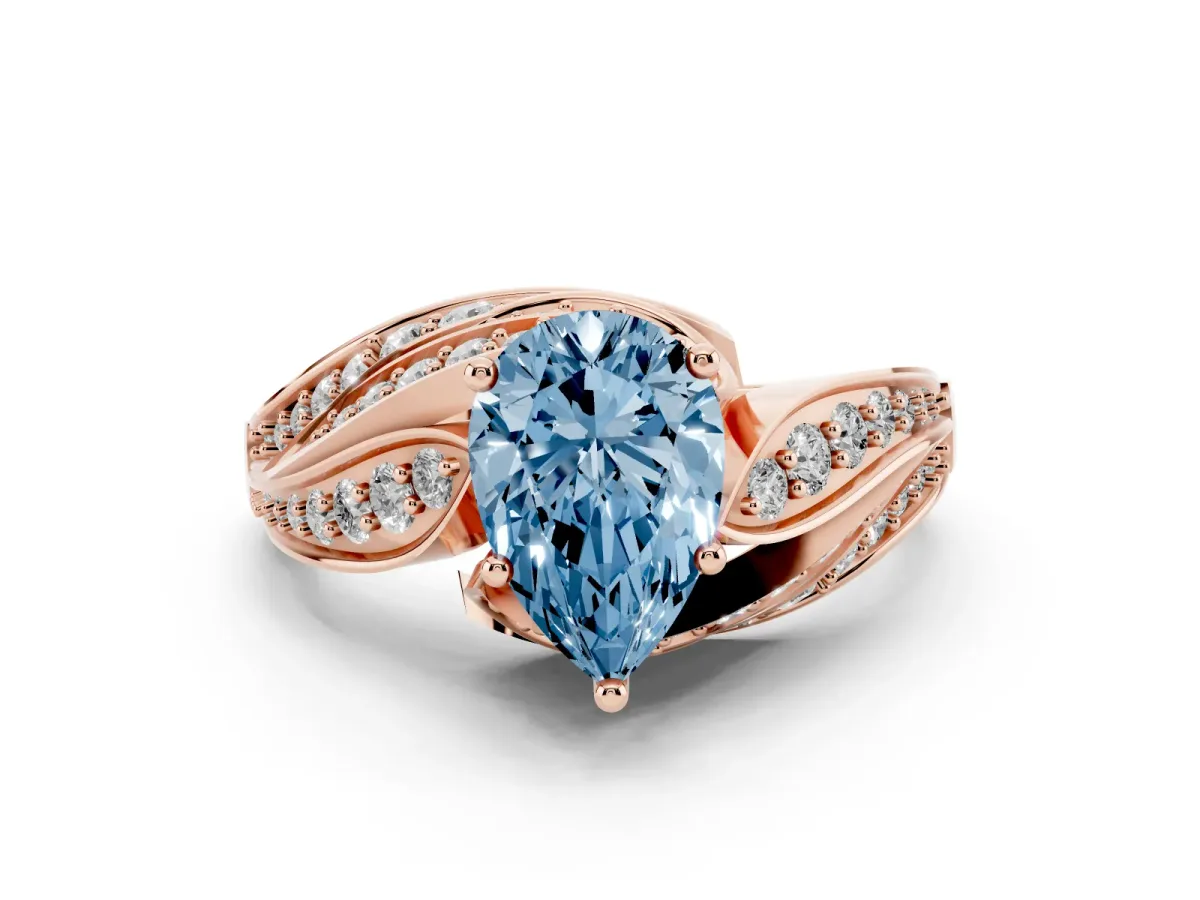 Fancy Blue Pear Cut Diamond Solitaire Ring with Prong Setting and Twisted Pavé Band Rose gold