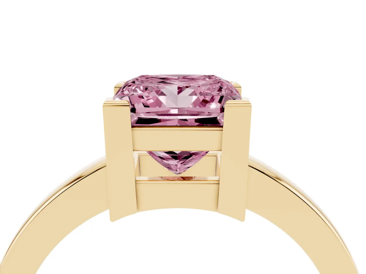 Fancy Pink Princess Cut Cut Solitaire Ring with Four-Prong Setting and Classic Band Yellow gold