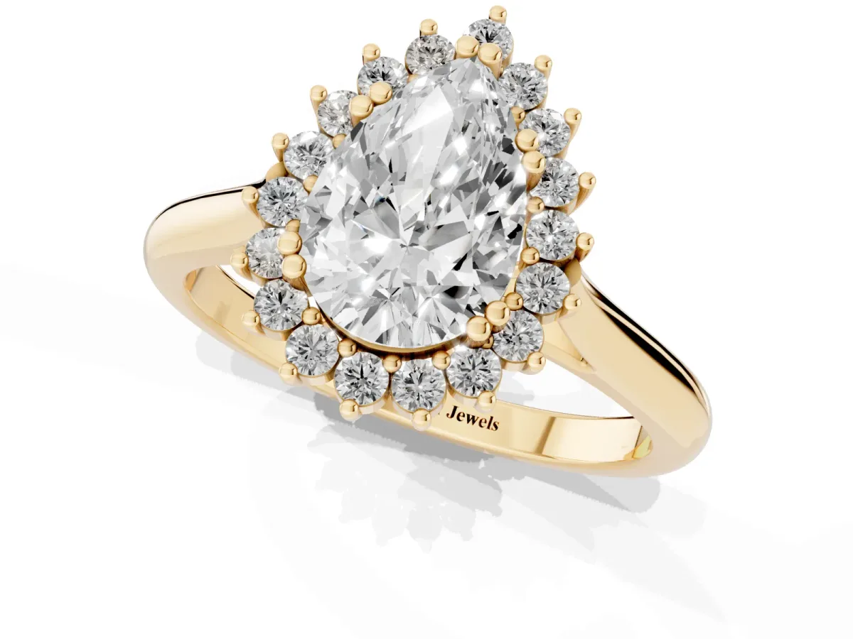 Pear Cut Cut Diamond Halo Ring with Solitaire Band and Prong Setting Yellow gold