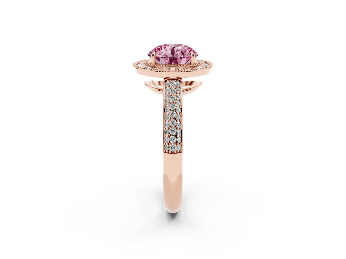 Fancy Pink Round Cut Cut Halo Diamond Pave Band with Four-Prong Setting Rose gold