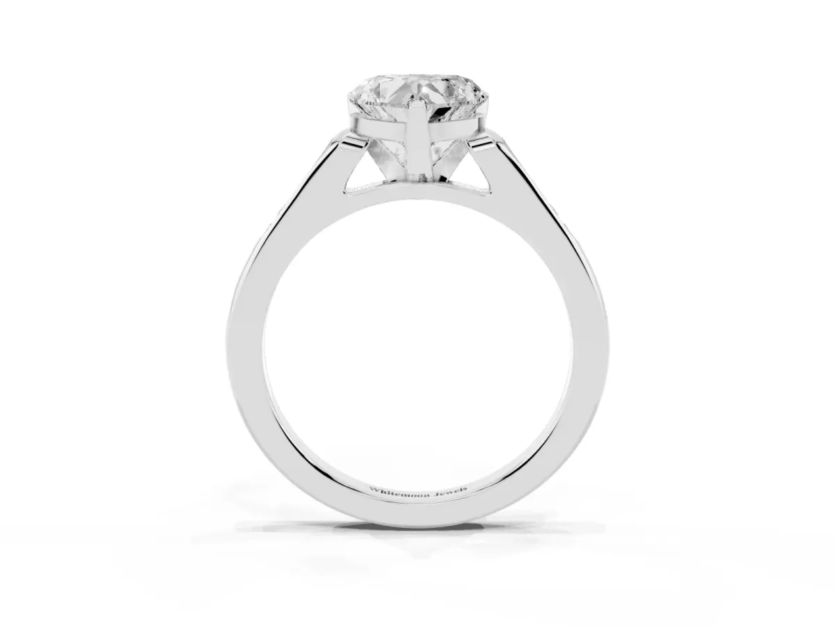 Heart Cut Diamond Solitaire Ring with Channel Set Round Band and Prong Setting Silver