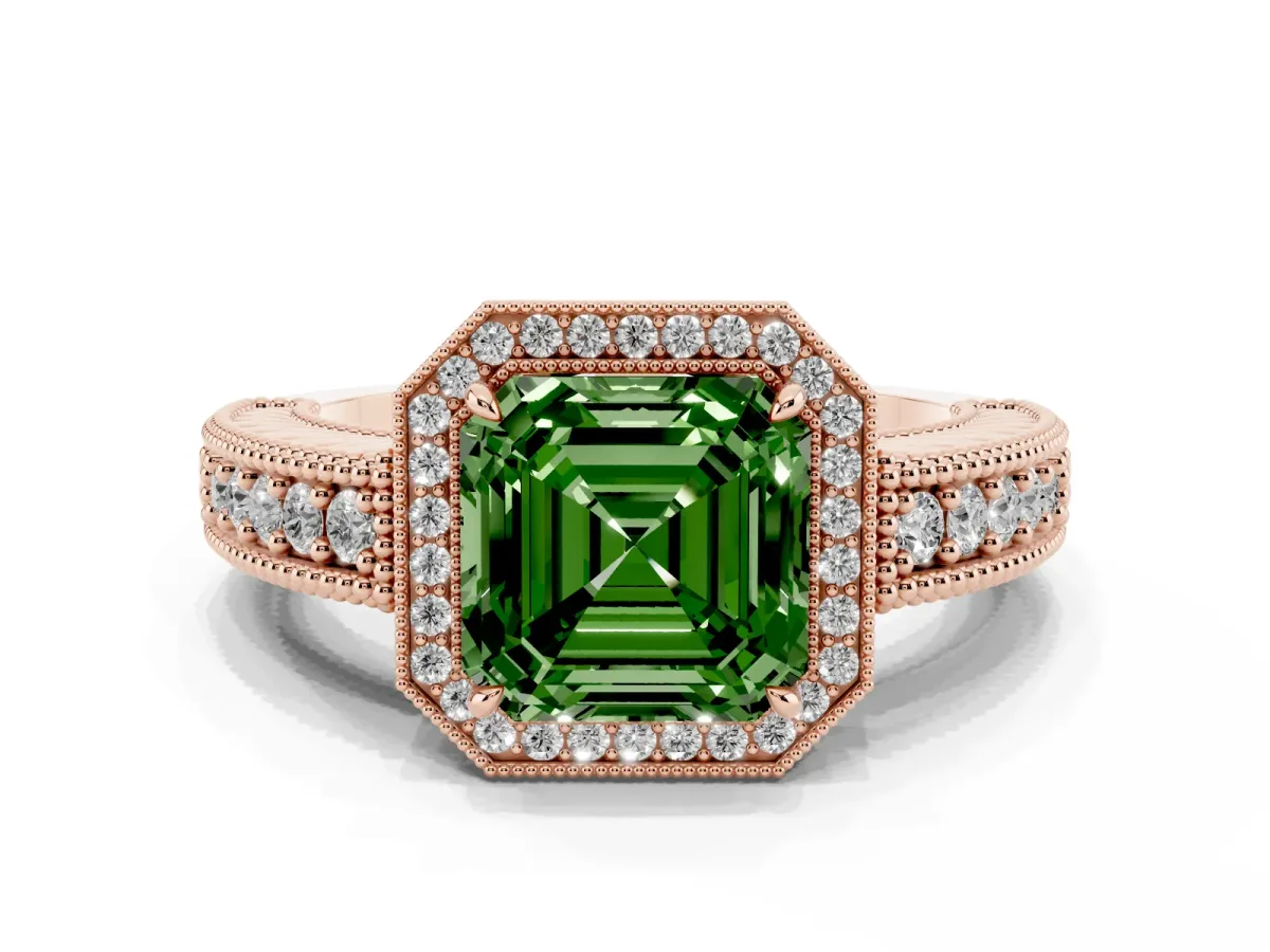 Fancy Green Asscher Cut Cut Halo Diamond Ring with Pavé Band and Four-Prong Setting Rose gold