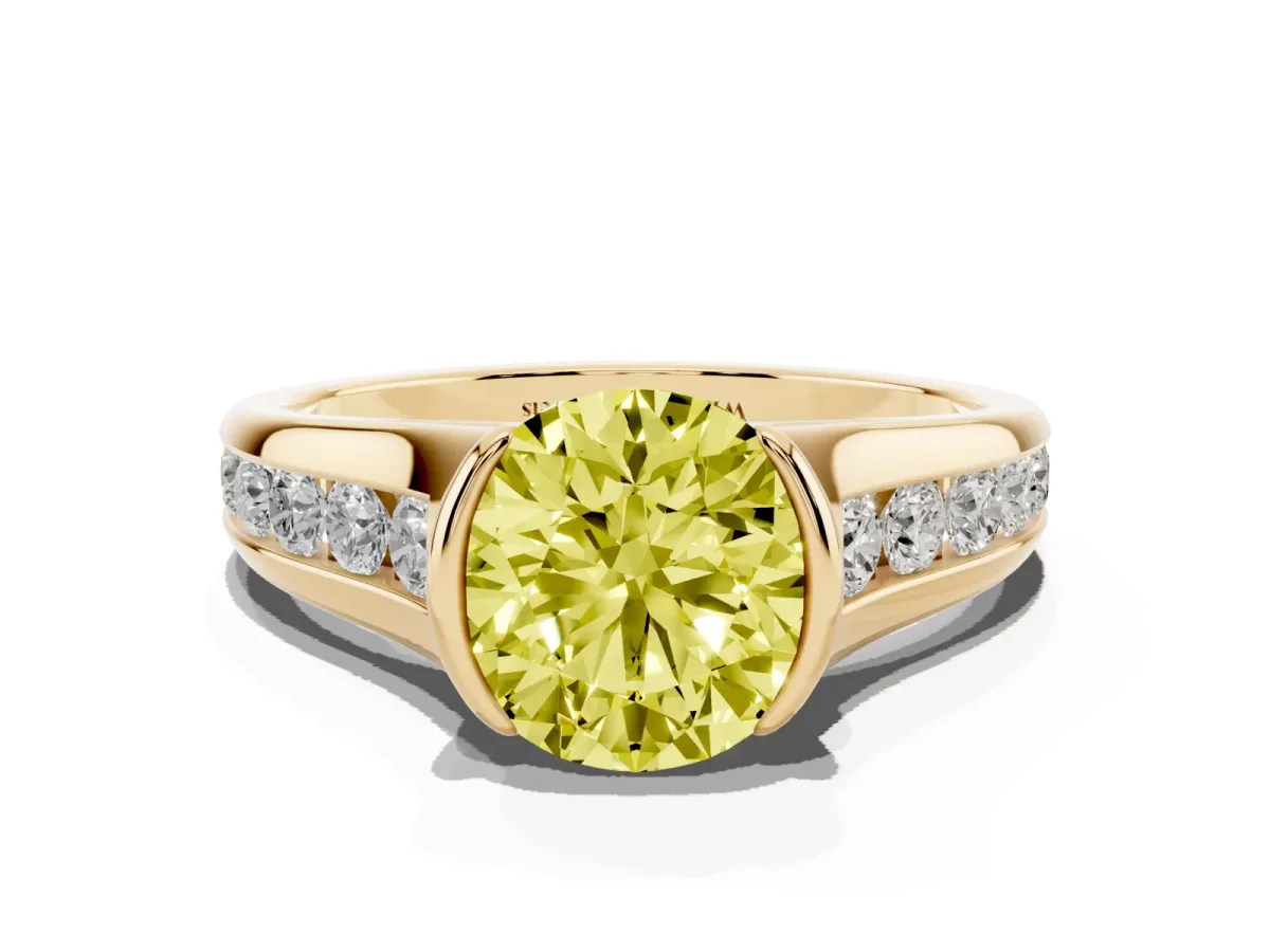 Fancy Yellow Round Cut Solitaire Bezel-Set Diamond Ring with Channel-Set Band Yellow gold