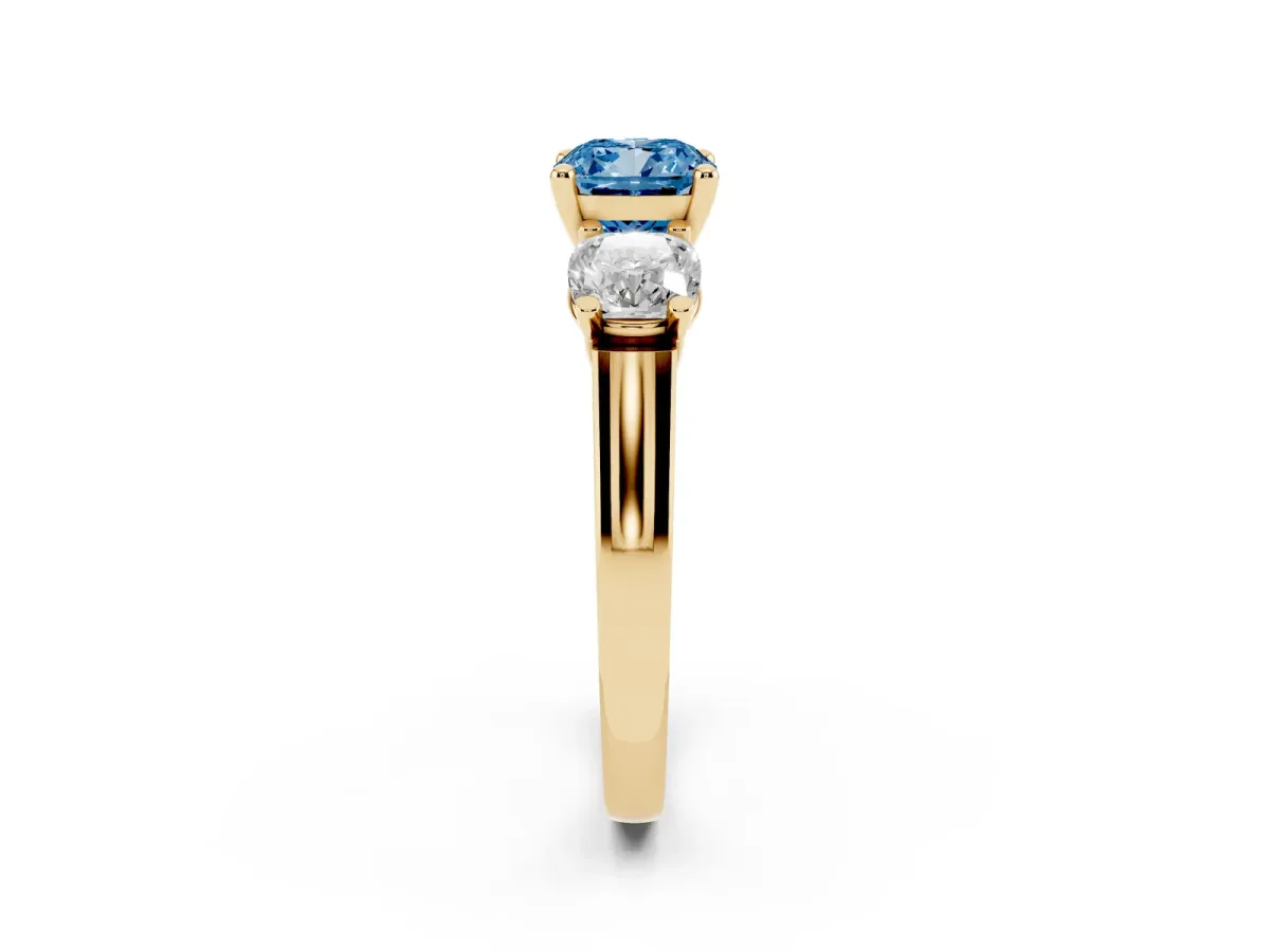 Fancy Blue Three-Stone Cushion Cut Brilliant Diamond Trellis Ring with Comfort Fit Band Yellow gold