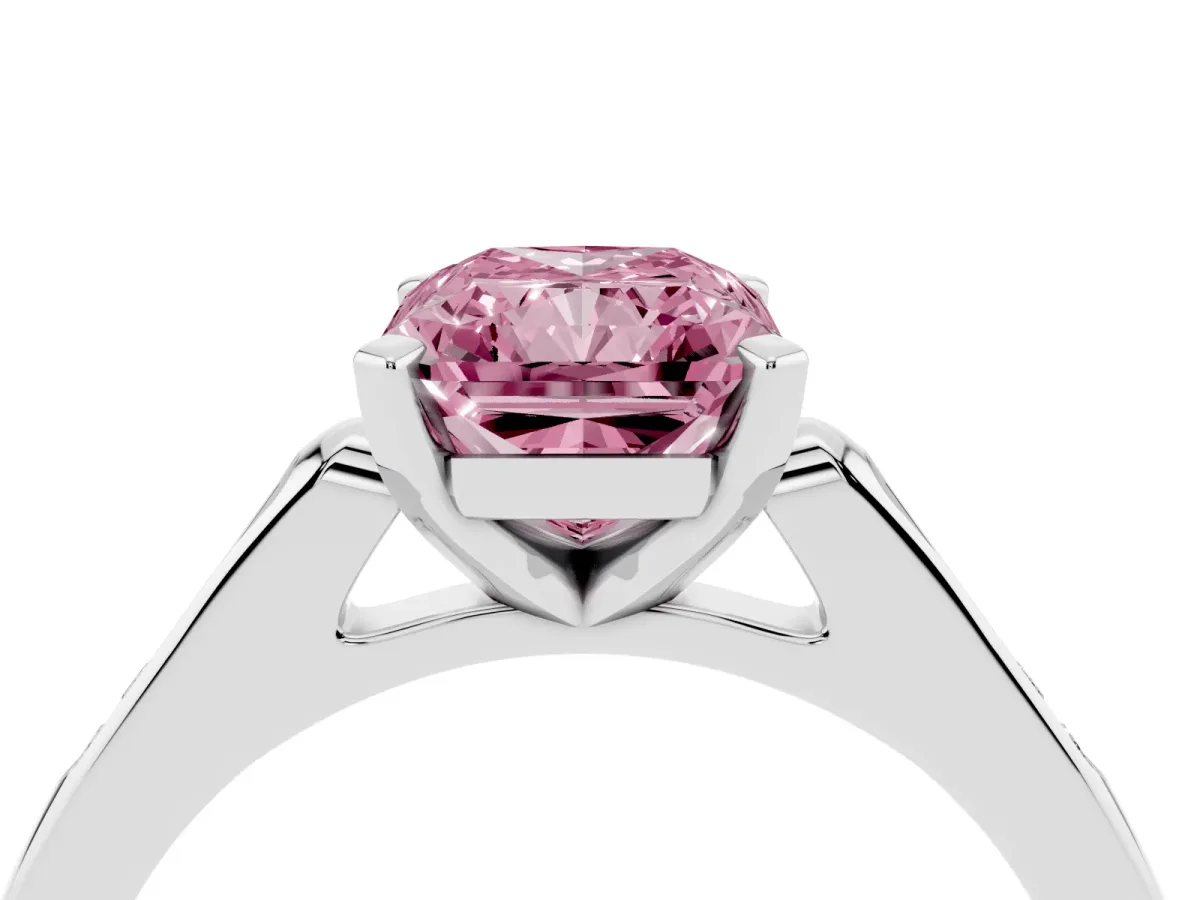 Fancy Pink Radiant Cut Diamond Solitaire Ring with Channel Set Round Band and Prong Setting Silver