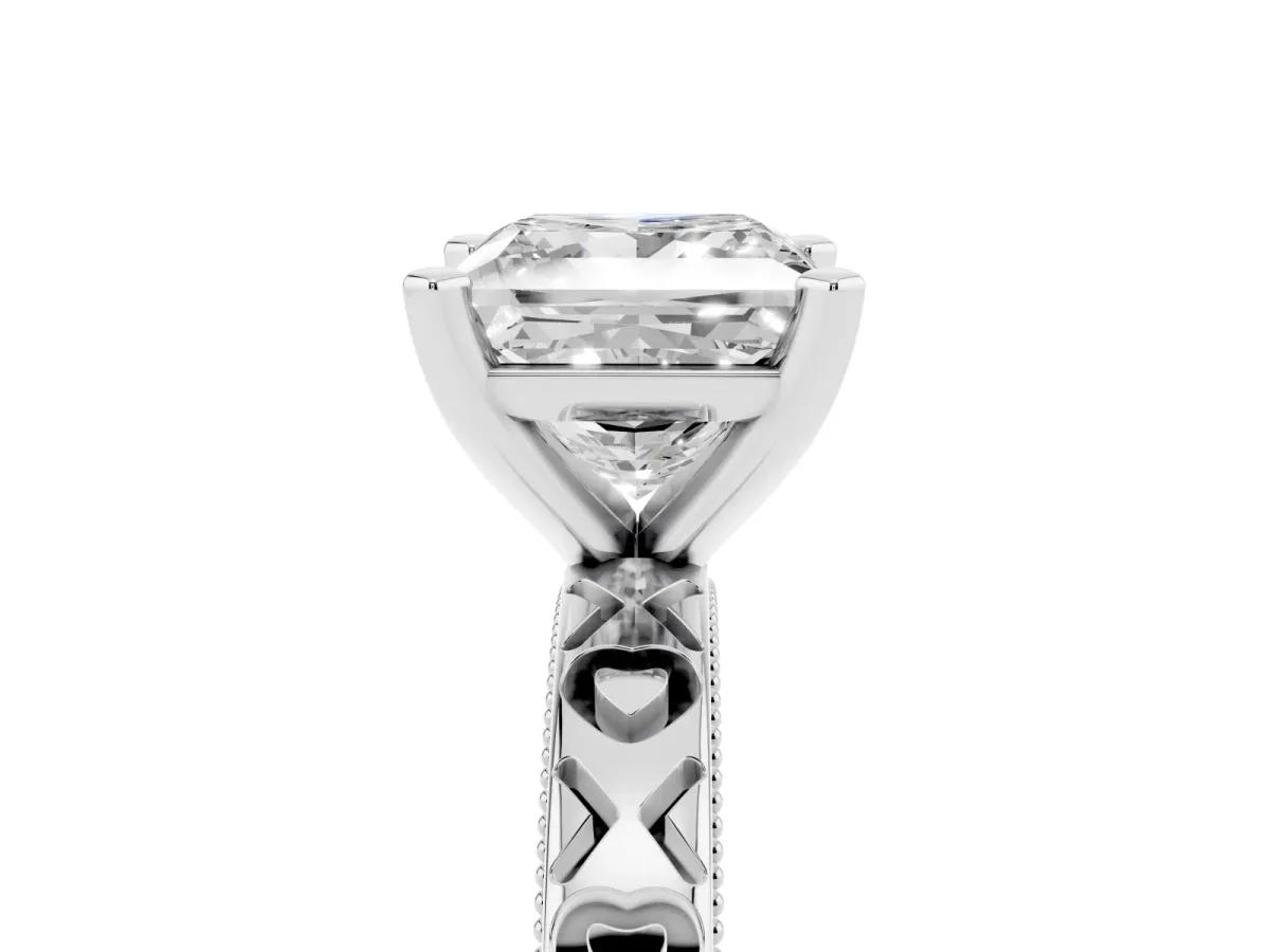 Princess Cut Solitaire Diamond Engagement Ring with XO Engraved Band and Four-Prong Setting White gold
