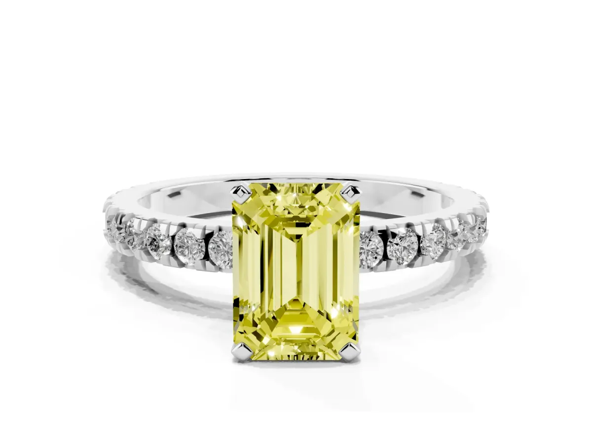 Fancy Yellow Emerald Cut Diamond Pavé Band Solitaire with Four-Prong Setting Silver