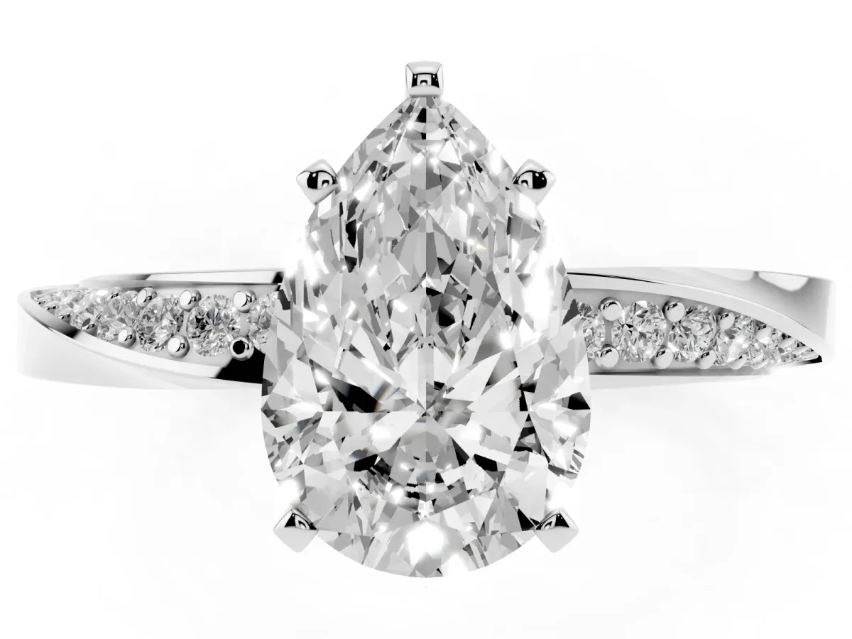 Pear Cut Diamond Engagement Ring with Side Stone Accents and Four-Prong Setting Silver