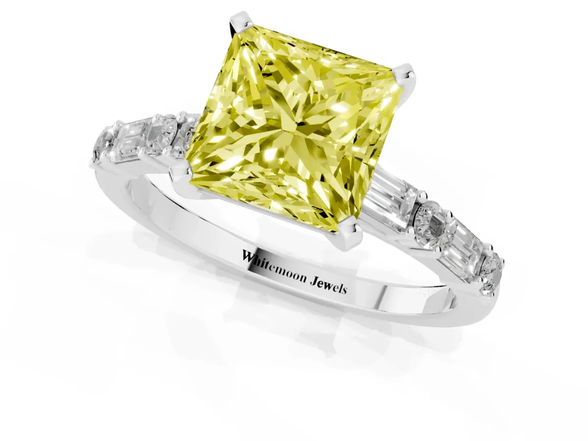 Fancy Yellow Princess Cut Diamond Solitaire with Side Baguettes and Channel Set Band Platinum